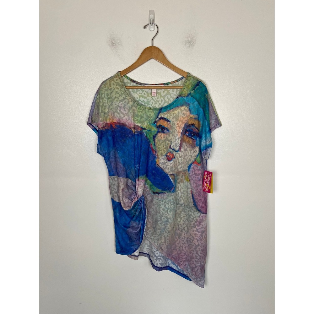 Leoma Lovegrove High Low Top‎ Sz XL Face Art Novelty Print Artsy Mesh Colorblock